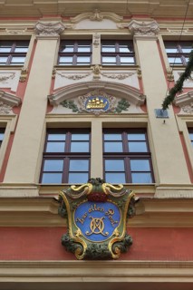 Detail of the Baroque Bürgerhaus, 1720, formerly also Gasthaus Zur Goldenen Post, Bautzen, Upper