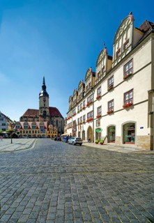 Naumburg market square with Wenceslas Church, town hall and town houses with Renaissance gables,