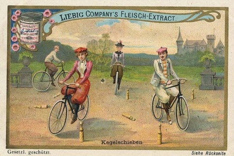 Cycling picture series, group of people practicing cone pushing on bicycles, an early form of