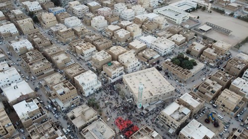 In Seiyun, Yemen on January 09, 2026, aerial drone footage shows the city of Seiyun in southern