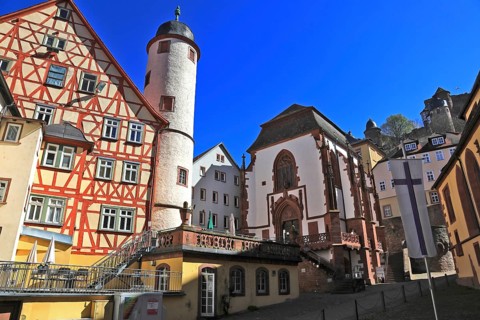 Former Erbgrafenhaus and white tower, Wertheim, Main-Tauber district, Baden-Württemberg, Germany