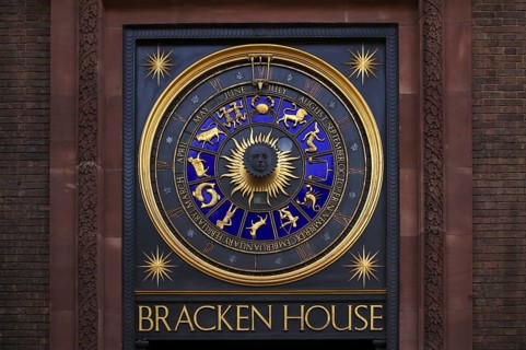 Astronomical clock, Bracken House, Financial Times Headquarters, City of London, London, England,