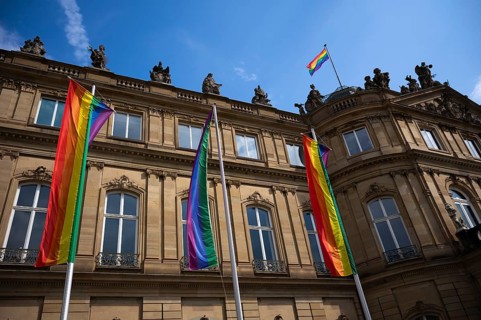 LGBTQ flags in rainbow colors, Stuttgart PRIDE, CSD, Christopher Street Day, New Palace,