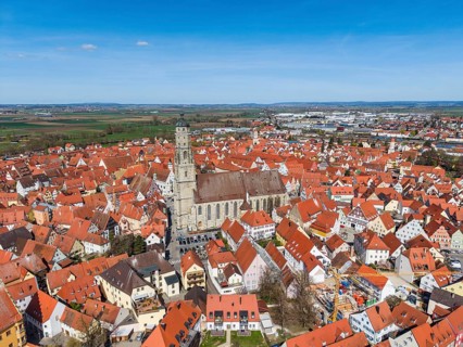 Aerial view of the historic old town of Nördlingen with the church of St. Georg and the 90-meter