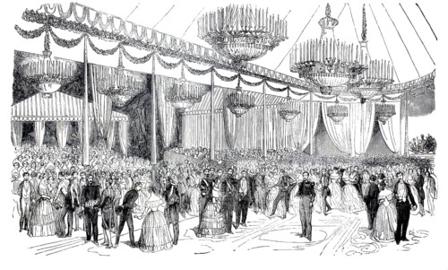 Ball at Parc de Vincennes. The sweeping hoop skirts for women and the men's skirts correspond to