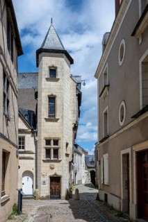 Late Gothic residential tower of the Maison du Croissant in the old town alleyway of Angers,