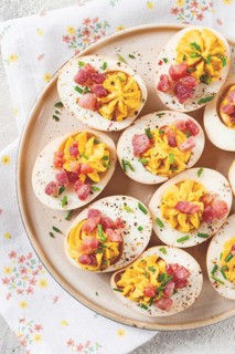 Spicy, stuffed ramen eggs, with bacon and green onions, homemade, no people