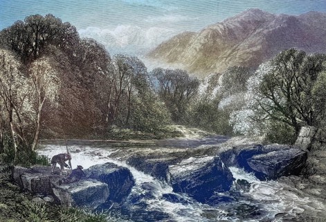 Nature depiction of the river Afon Lledr in Wales. In the left foreground, a person, presumably an