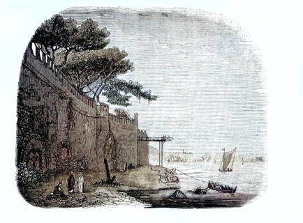 Illustration from 1849 shows the historic walls of the Topkapi Palace in Istanbul on the banks of