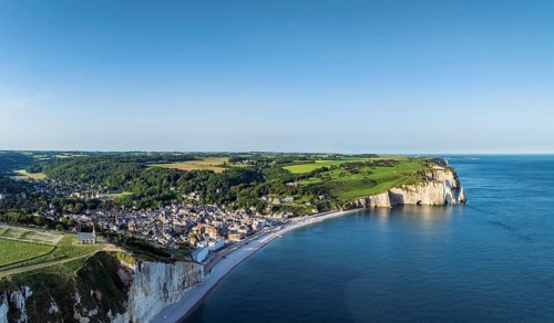 Aerial view, panorama of the Falaise d'Amont cliffs, with the coastal town of Étretat and the