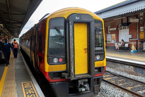 British Rail Class 158 diesel multiple unit train 158884, Westbury railway station, Wiltshire,