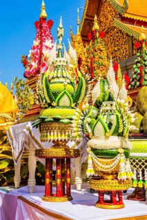 Sacrificial table with floral decoration in the Wat Phra That Doi Suthep temple complex, Chiang