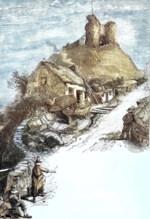 Criccieth Castle, high medieval castle ruins in Criccieth in northwestern Wales, illustration,