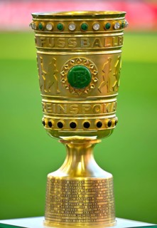 DFB-Pokal, trophy on podium, soccer Bundesliga, DFB-Pokal, MHPArena, MHP Arena Stuttgart,