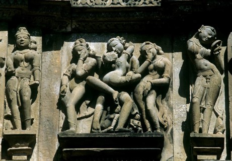 Erotic depiction of love games at the Kandariya Temple (11th century), temple district of