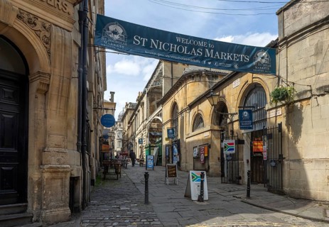 Welcome banner across street, St Nicholas Markets, Bristol, England, UK