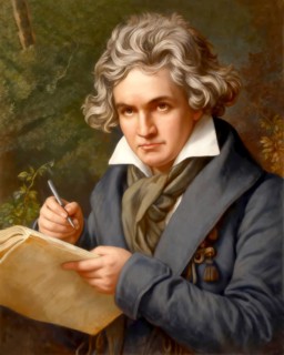 Ludwig van Beethoven with the manuscript of the Missa solemnis, digitally edited based on a
