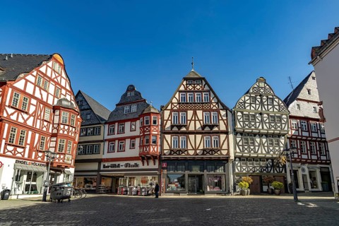 Half-timbered houses on Kornmarkt in the old town of Limburg an der Lahn, Hesse, Germany