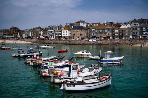 View from harbour with colorful fishing boats on St Ives, Cornwall, England, Great Britain, Great