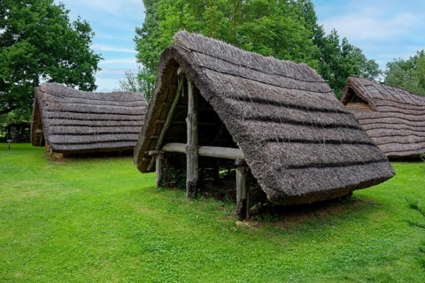 Early historic house, Germanic settlement, Opfermoor open-air museum, prehistoric place of worship,