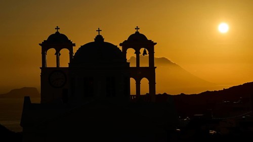 Church, orthodox Greek Orthodox church, church of Agios Nikolaos, church silhouette in front of