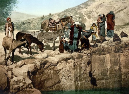 Bedouins drawing water, Lebanon, Historical, digitally restored reproduction from a 19th century