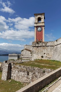 Old Venetian fortress, walls and clock tower, Corfu Town, Kerkira or Kerkyra, Corfu Island, Ionian