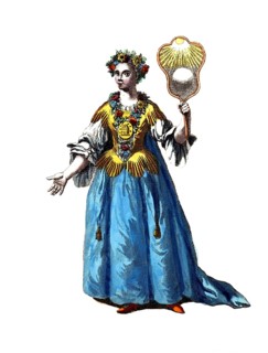 Historical clothing, fashion over time, woman, symbolising the concept of day, with a sun, 18th