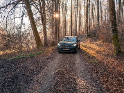 A vehicle drives along a leaf-covered path in the evening forest, Car Sharing, electric car,