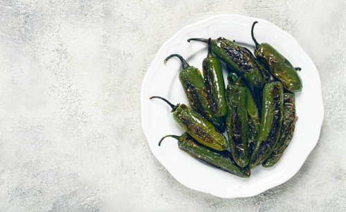 Fried padron pepper, in a frying pan, with olive oil, and sea salt, homemade, no people