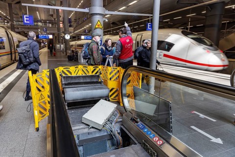 Berlin Central Station. A lot of escalators are broken. Travelers must either take detours or climb