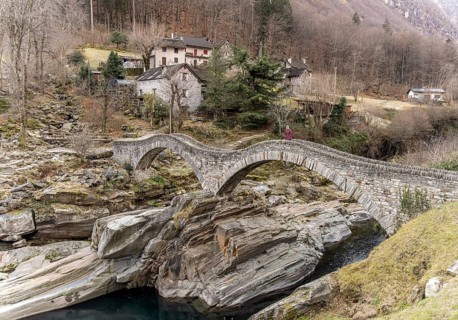 Ponte Dei Salti is a picturesque double-arched stone bridge in Lavertezzo, Ticino, Switzerland.