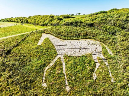 Litlington White Horse over Cuckmere Valley from a drone, Hindover Hill, South Downs, East Sussex,