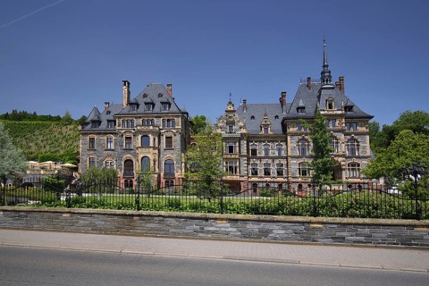 Lieser castle built in 1885 in historicism with gardens in Lieser, Bernkastel-Kues, Middle Moselle,