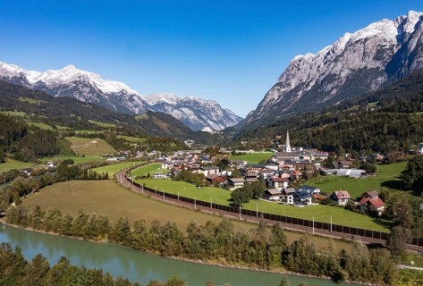 Drone image, settlement area, view of village with church, Pfarrwerfen, Tennengebirge, Salzachtal,