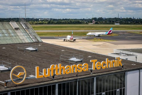 Düsseldorf, North Rhine-Westphalia, Germany, Lufthansa Technik LHT building at Düsseldorf Airport,