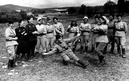 Dancing female Red Army soldiers, location unknown, 1940s