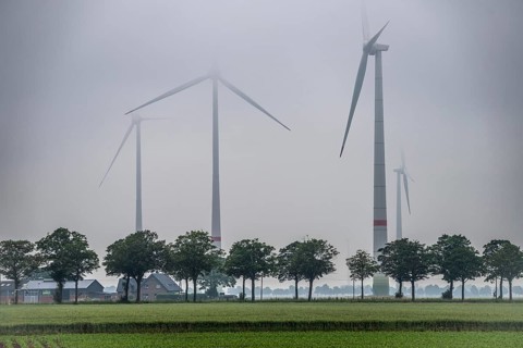 Wind farm north-east of Kerken, Lower Rhine, in the fog, country road, North Rhine-Westphalia,