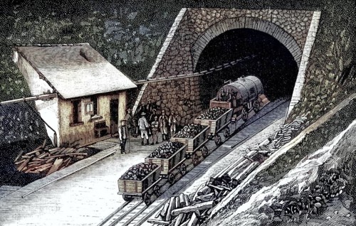 Wood engraving from 1877 depicting the construction of the Gotthard Tunnel in the Swiss Alps. The