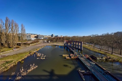Park, paths, trees, pond, lawn, artificial ruin, skate park, general architecture, bird's eye view,