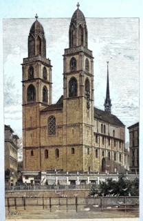 The Minster in Zurich, Switzerland, Historic, Reproduction of an original 19th century artwork,