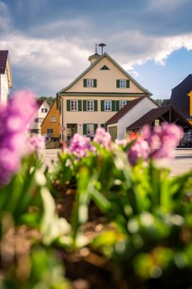 A house with yellow-green accents, flowers in the foreground, under a partly cloudy sky,