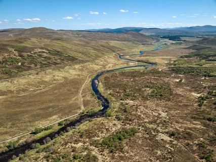 Panoramic aerial view of the highland landscape in the Cairn Gorm National Park, Aviemore,