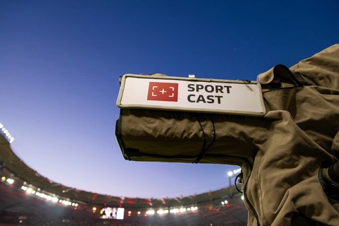 TV camera, SPORTCAST, logo, blue hour, floodlight, soccer Bundesliga, DFB-Pokal, MHPArena, MHP
