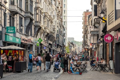 Busy shopping street in downtown Liege, Belgium