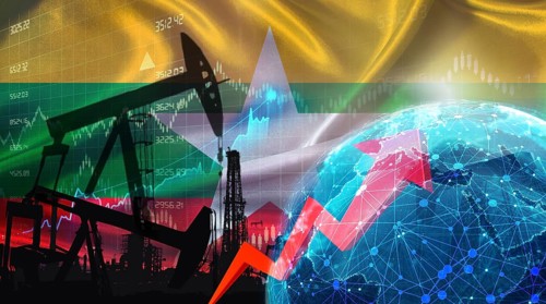 Global oil growth with Burmese flag. International oil exports with Myanmar flag on the economic