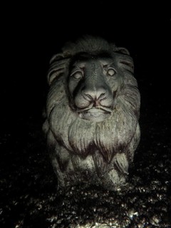 Stone lion statue under water in dark surroundings, Wildsau dive site, Berlingen, Lake Constance,