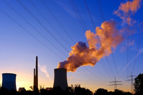 Uniper coal-fired power plant Staudiger in front of sunset in Großkrotzenburg am Main, Hesse