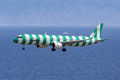 A Condor Airbus A321neo aircraft with the D-ANMX license plate at Rhodes airport, Greece