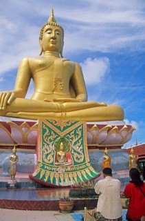People praying, Big Buddha statue on the island of Ko Samui, Thailand, December 2002, vintage,